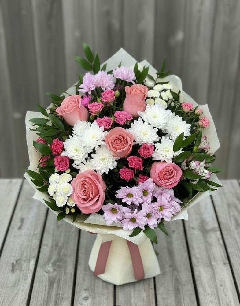 Букет цветов из: Альстромерии, Гвоздики, Розы и Хризантемы в Абатское