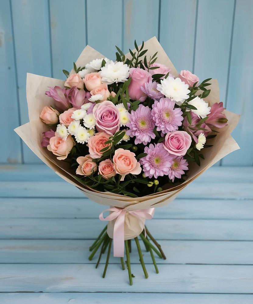 Букет цветов из: Хризантемы, Розы и Альстромерии в Абатское