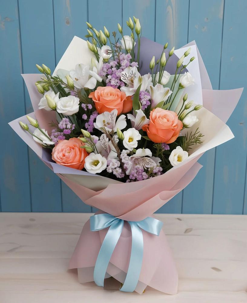 Букет цветов из: Лизиантусы, Розы, Альстромерии и Гипсофила в Абатское