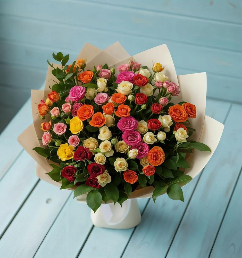 Букет Микс из разноцветных кустовых роз в Абатское