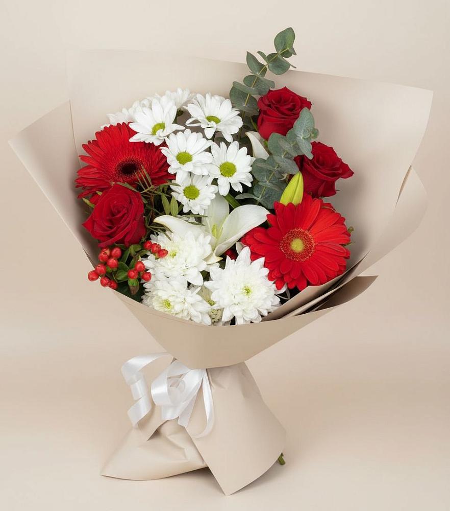 Букет цветов из: Розы, Хризантемы, Герберы и Лилии в Абатское