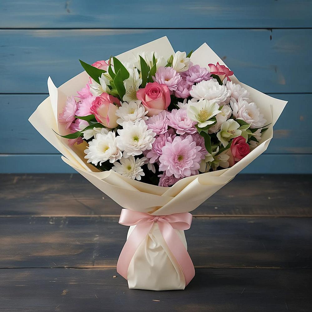 Букет цветов из: Хризантемы, Альстромерии и Розы в Абатское